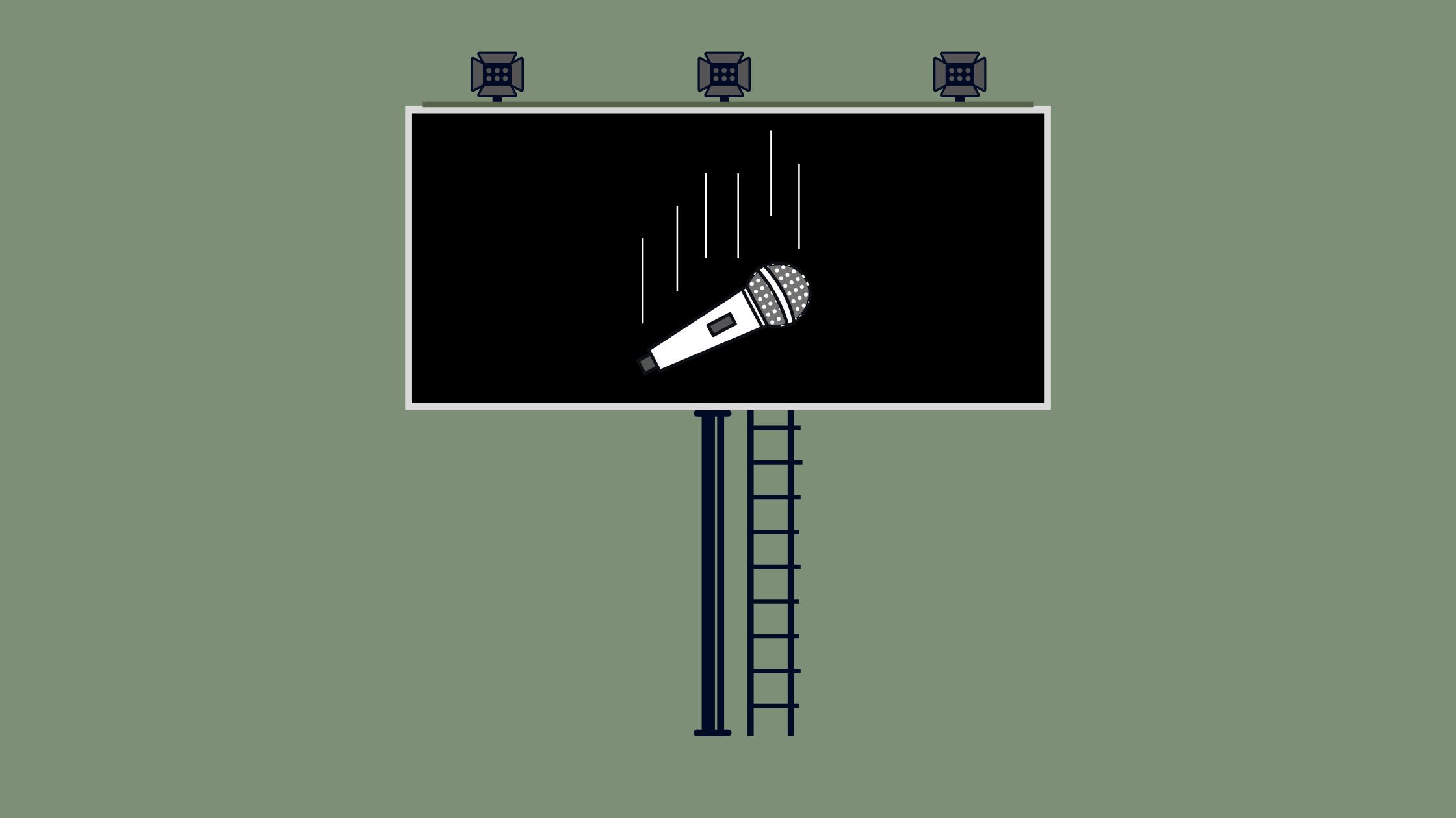 Graphic of a billboard depicting a falling mic by Maggie Chirdo.