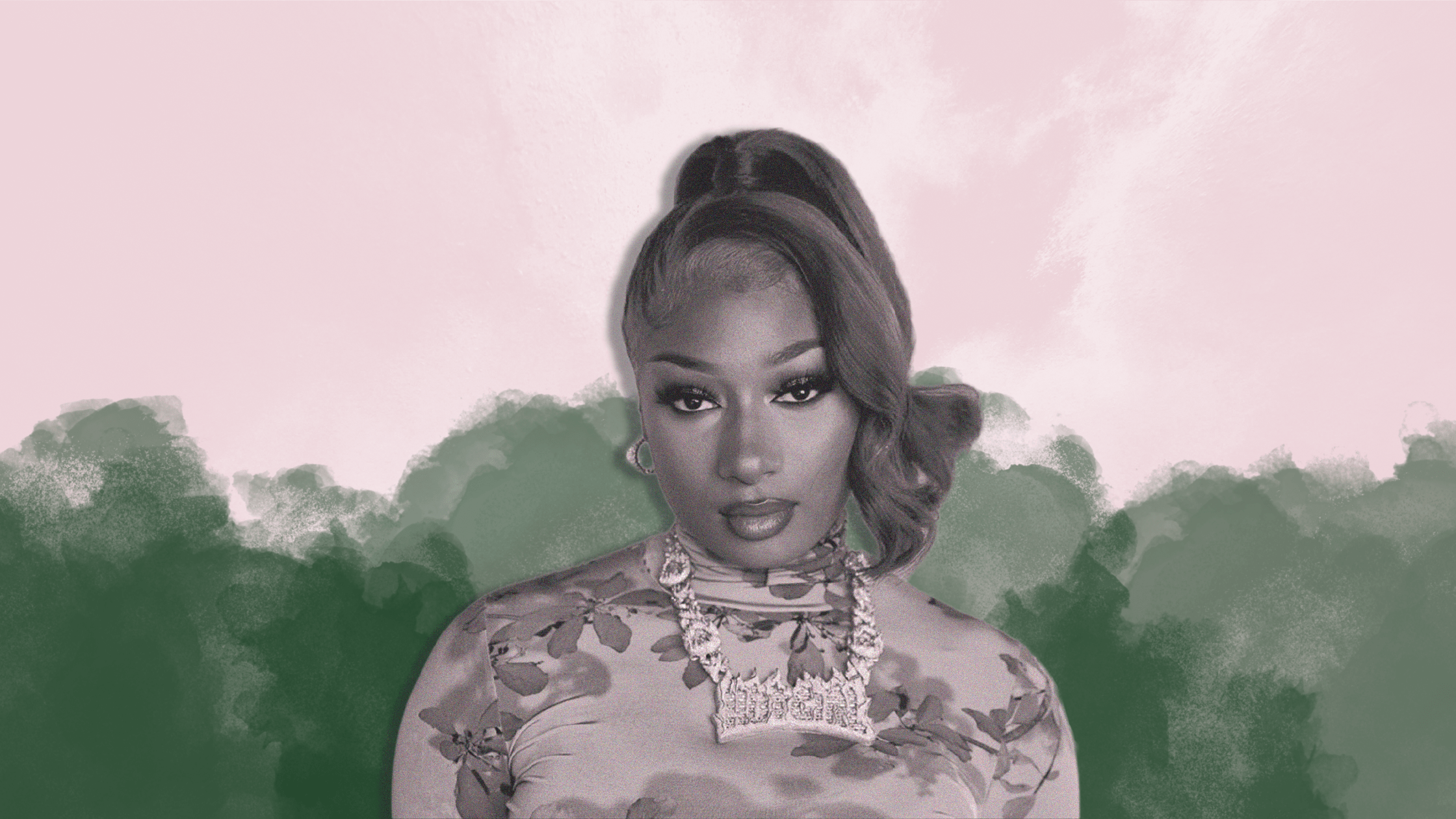 Graphic of Megan Thee Stallion on a lilac and forest green background.