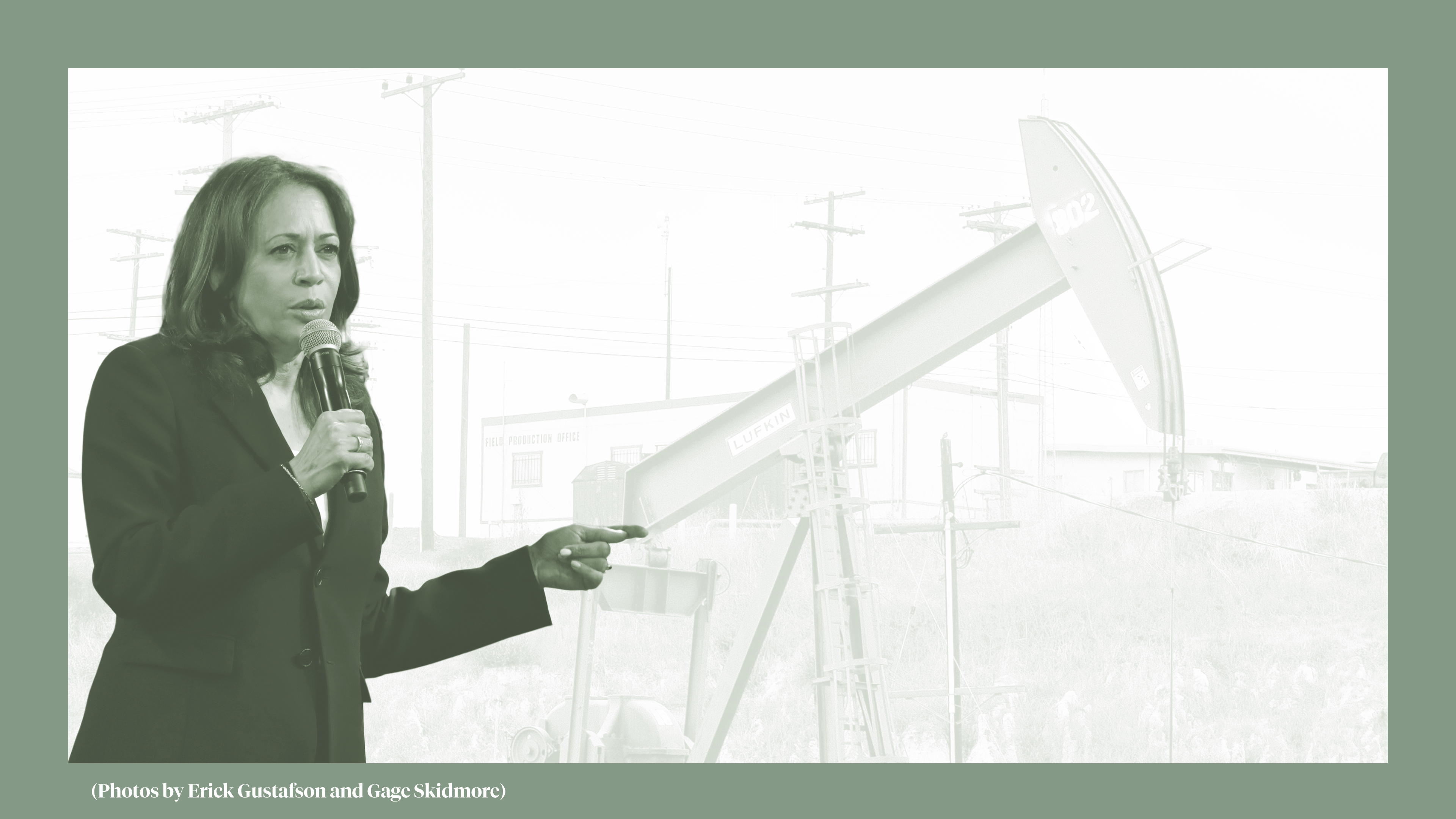 Graphic of Kamala Harris speaking in front of an oil rig.