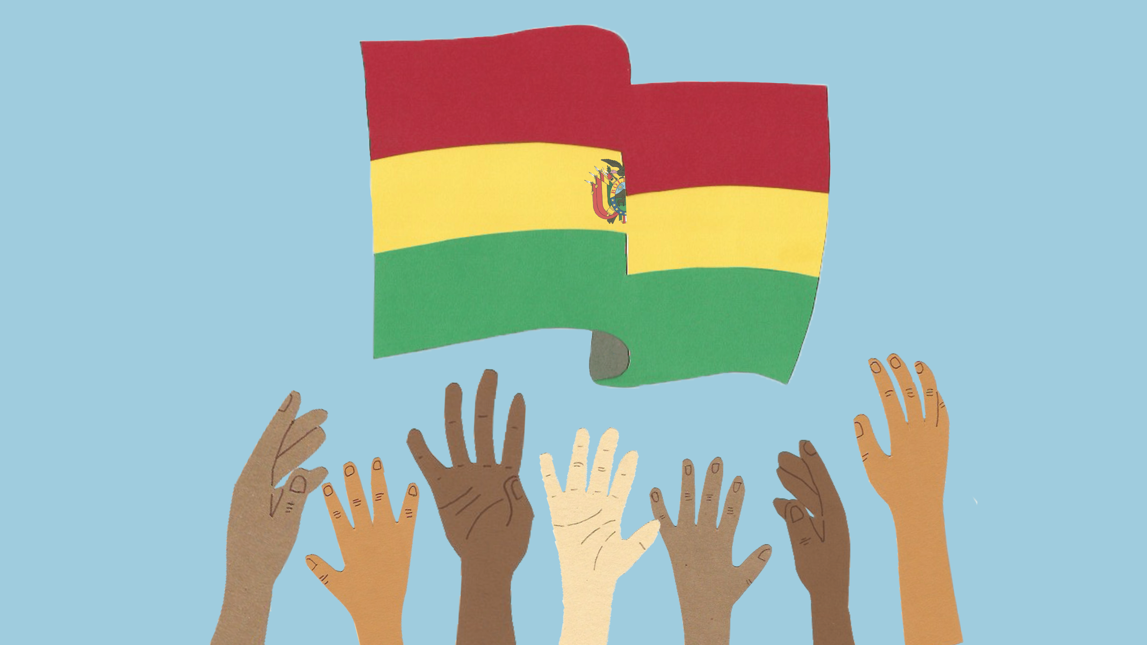 Several hands reach for the Bolivian flag on a blue background.