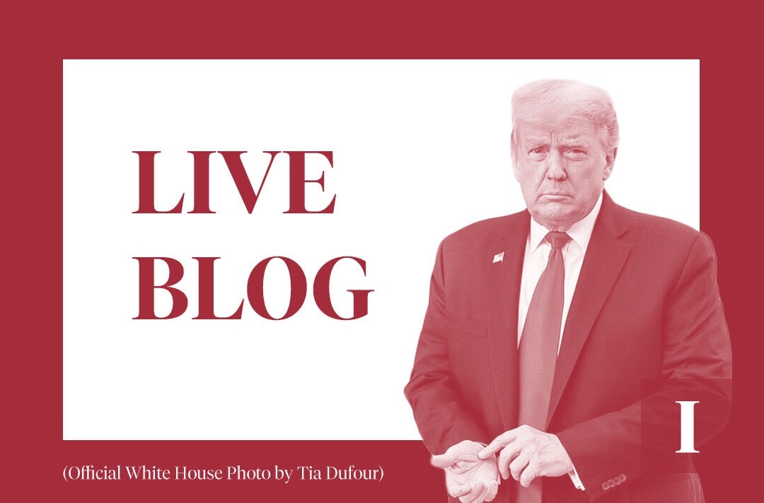 Graphic of Donald Trump next to the words "LIVE BLOG."