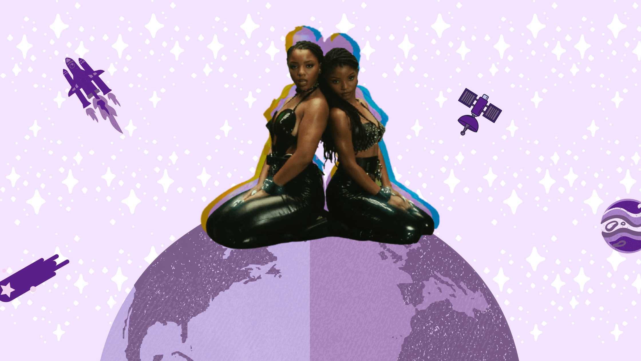 Singers Chloe and Halle Bailey sit on top of a purple world.