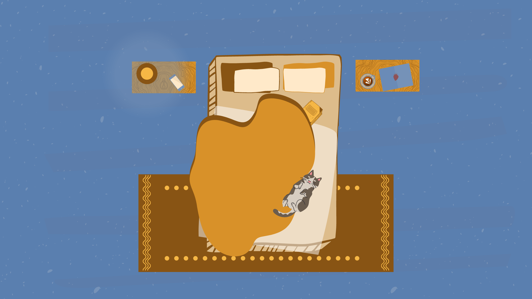 An illustration of the author's cat, Pinky, lounges on an orange bed.