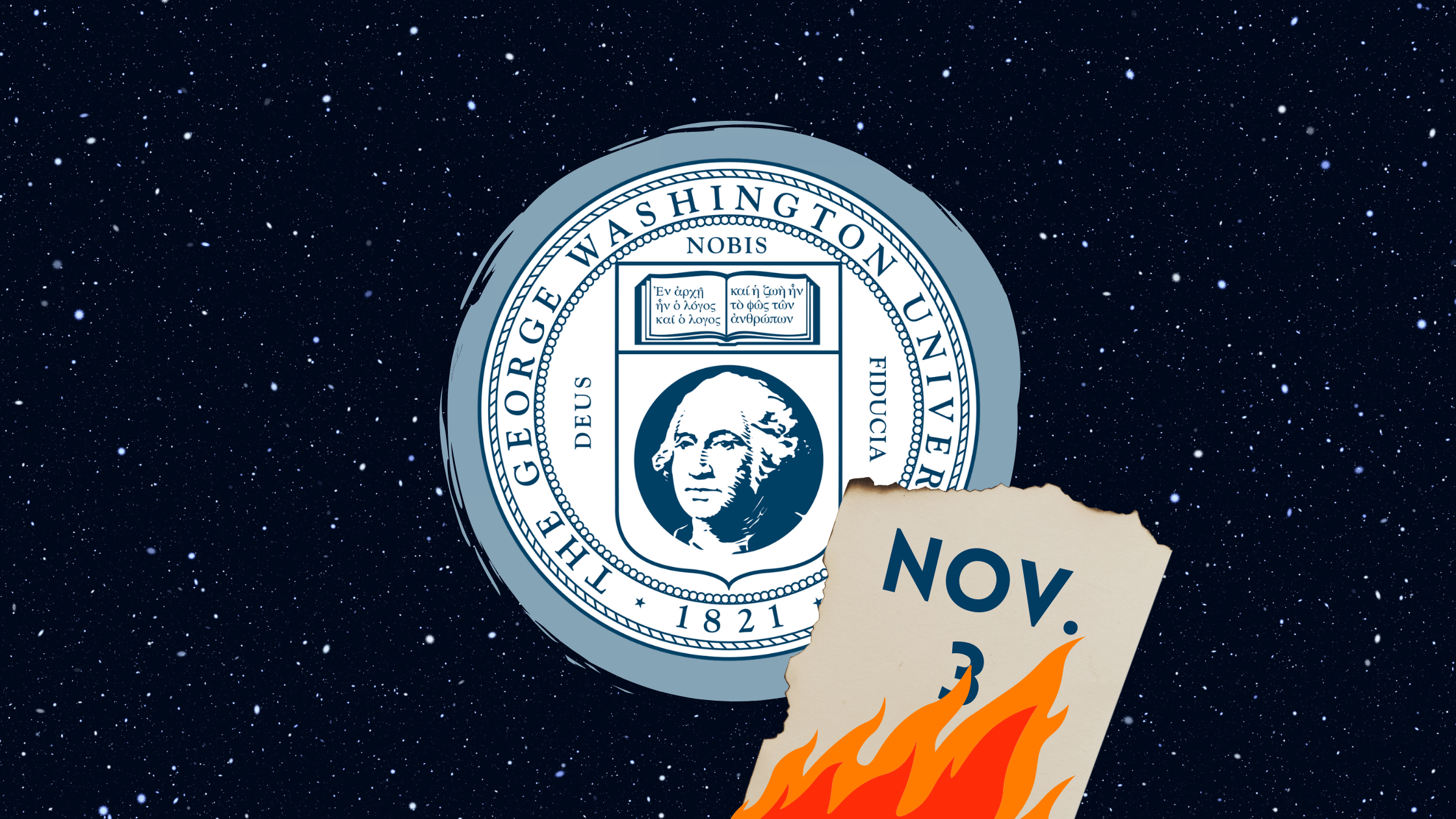A letter with the words "Nov. 3" is set on fire in front of the George Washington University Logo.