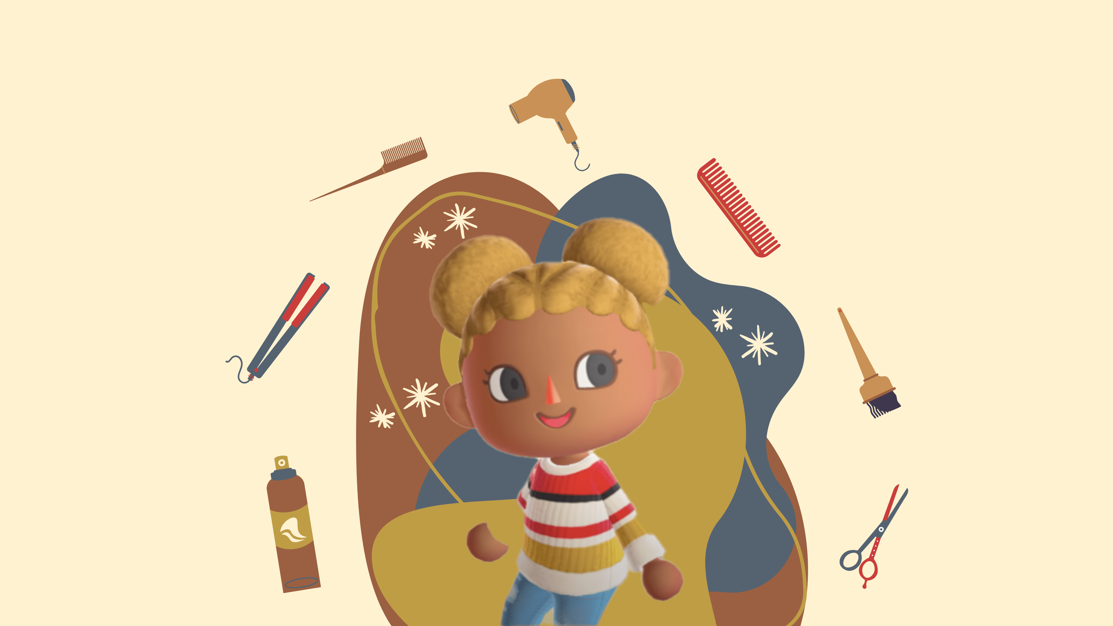 An "Animal Crossing" character is surrounded by hair tools.