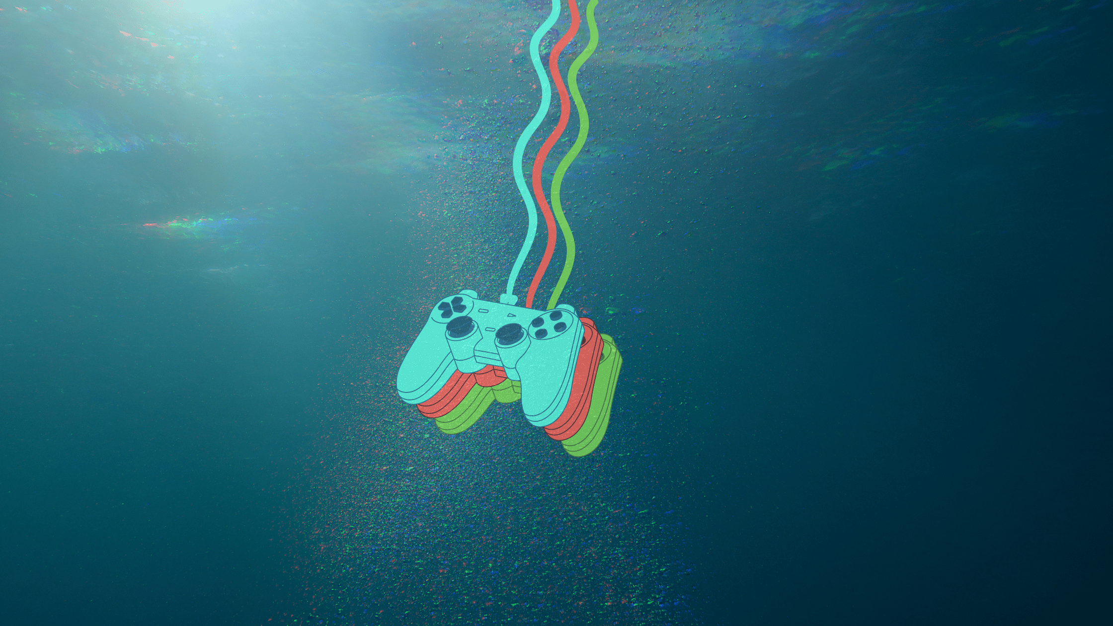 A video game controller immersed in water.