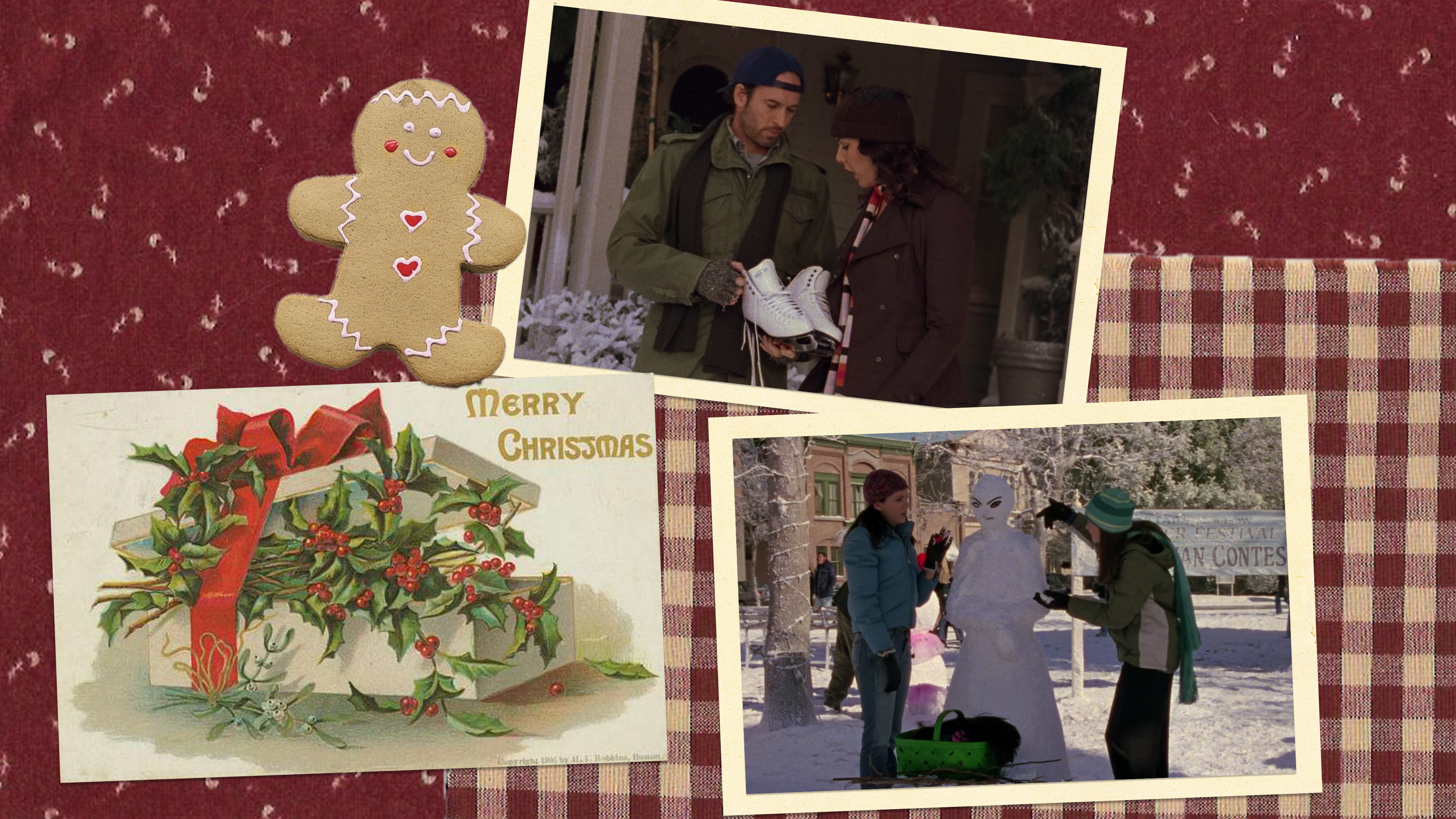 Scenes from "Gilmore Girls" holiday episodes surrounded by holiday garb.