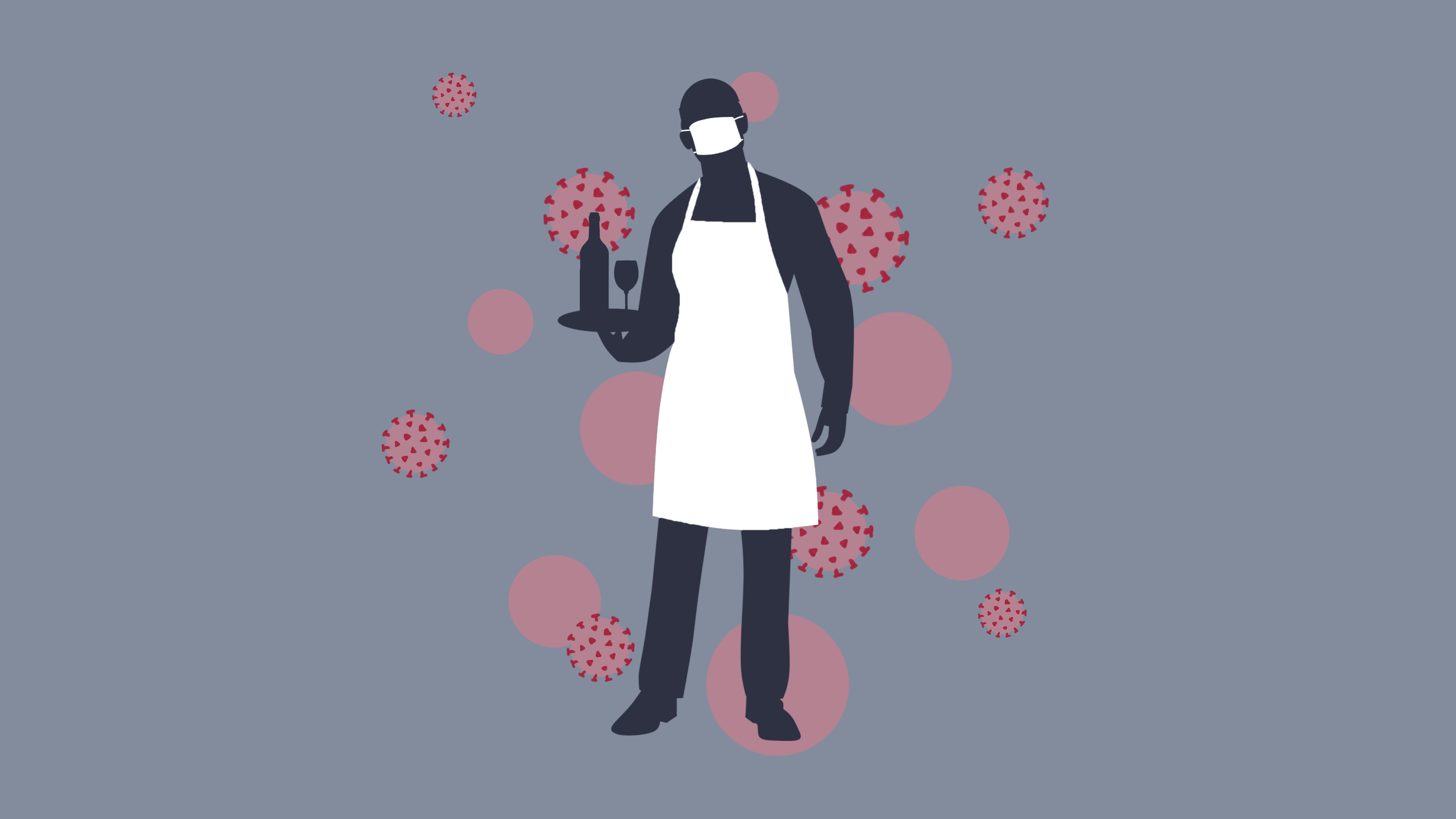 Illustration of a masked waiter surrounded by the coronavirus particle.