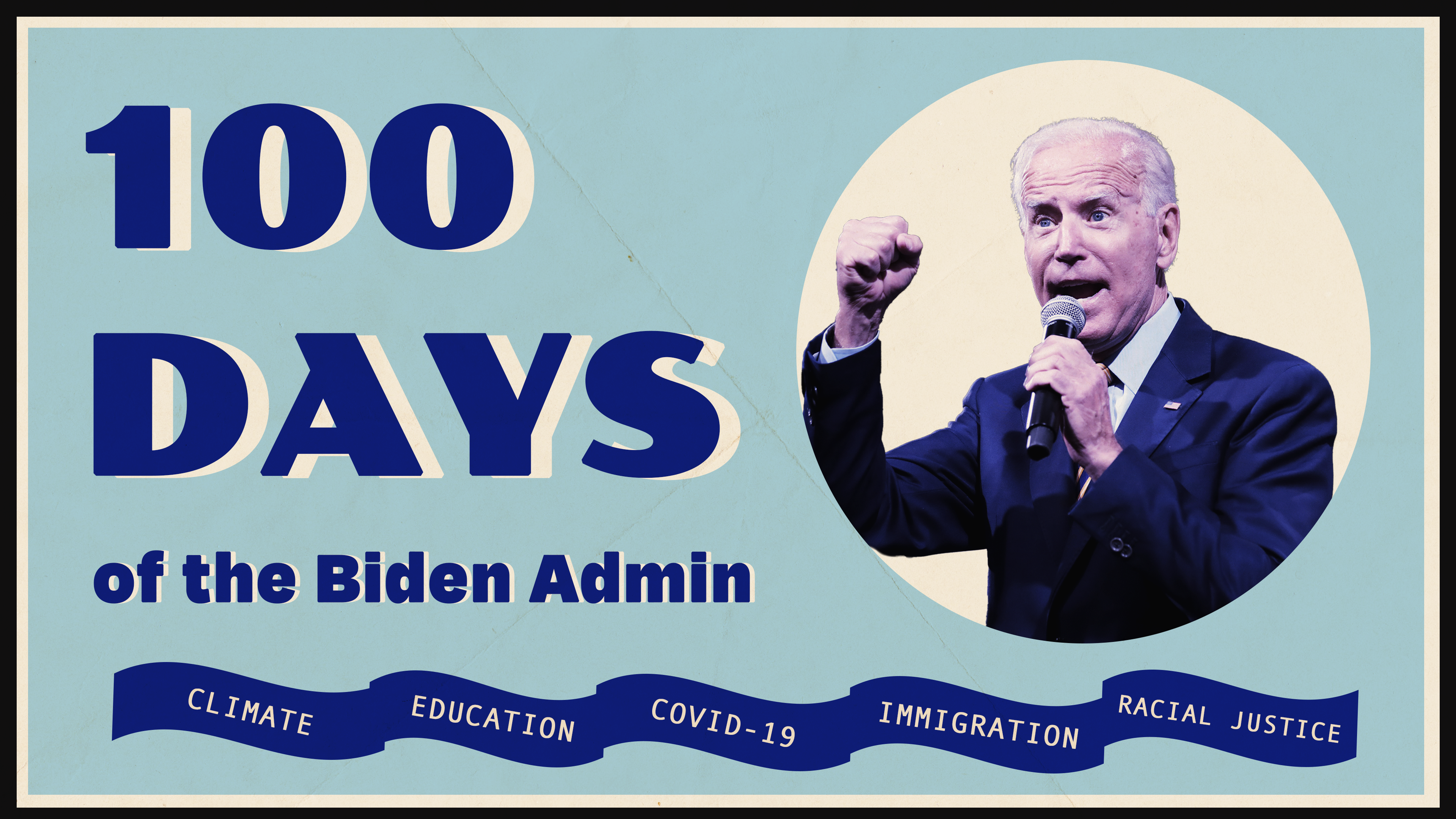 Graphic of Joe Biden next to the words "100 Days of the Biden Admin."