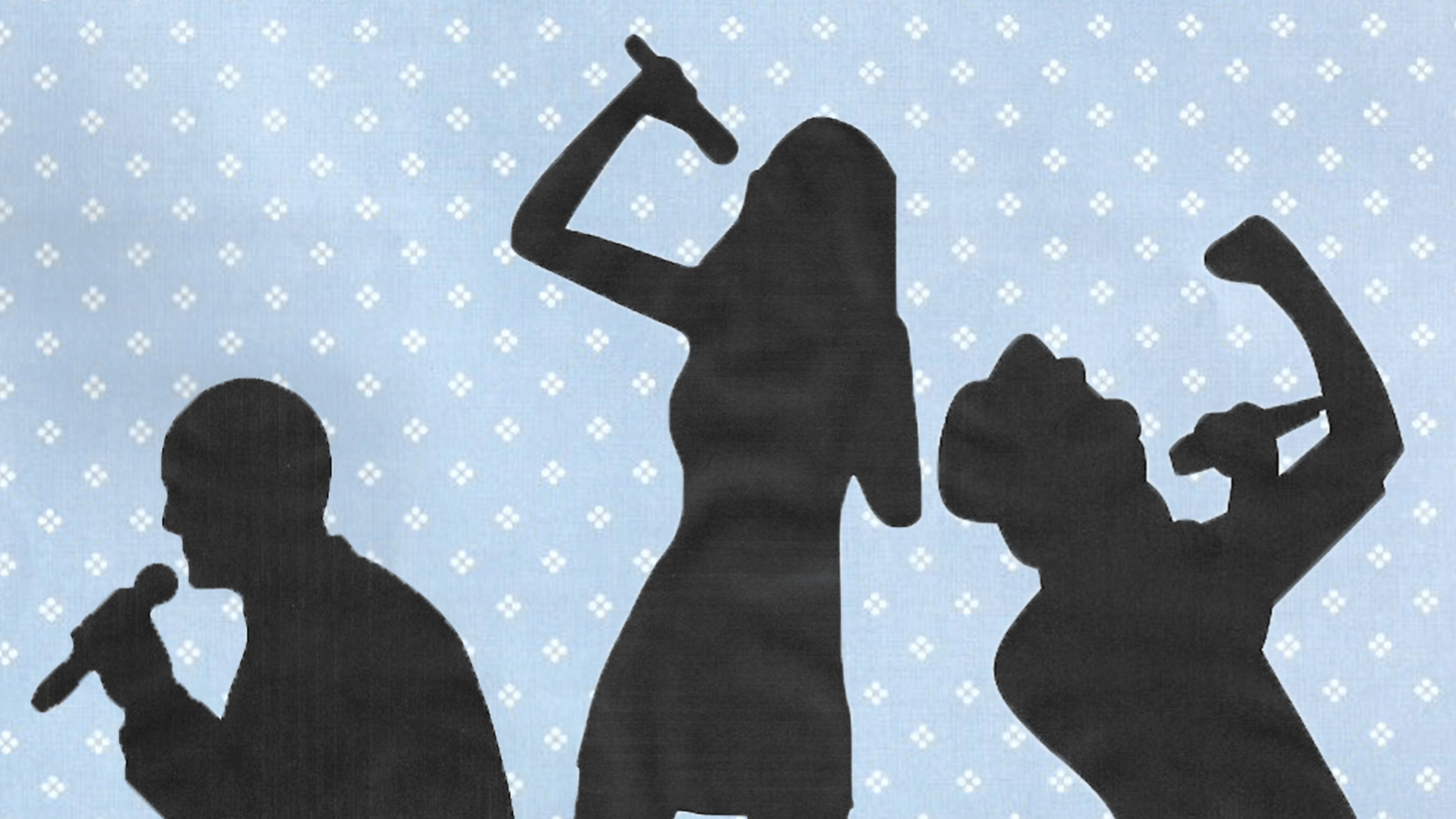 Silhouettes of singers against a blue polka dot background.
