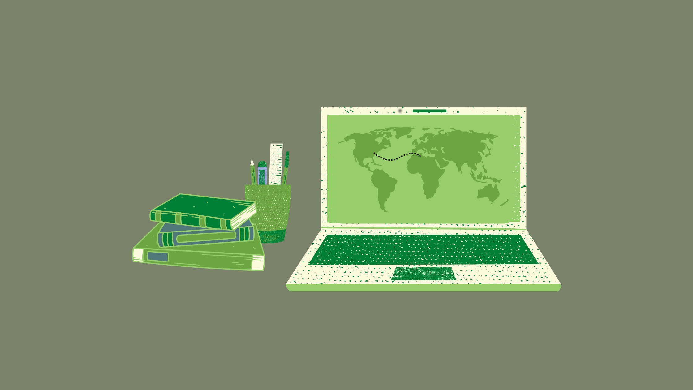 A graphic of a laptop computer and books by Maggie Chirdo.