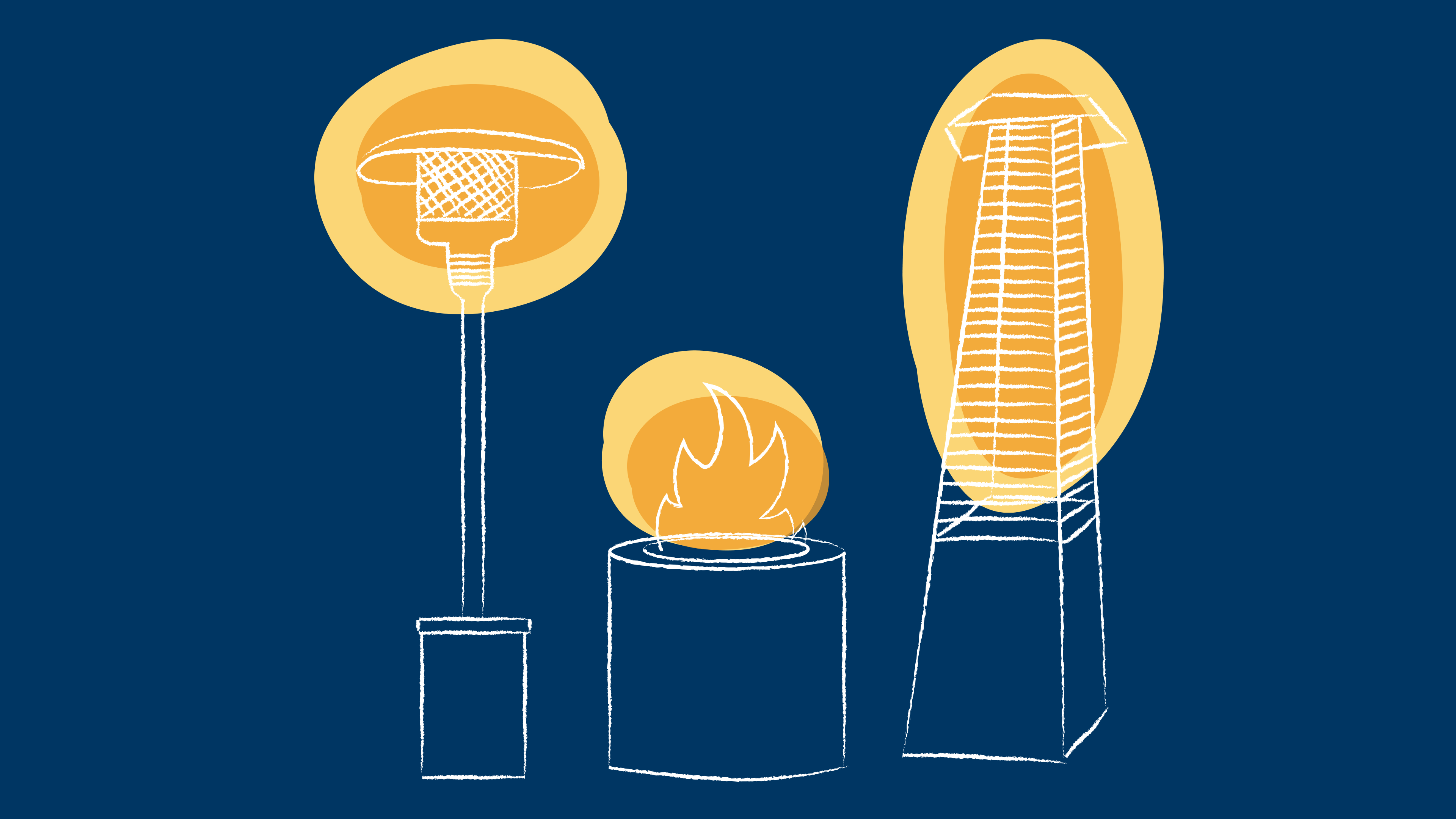Illustration of three outdoor heaters by Sara Schleede.