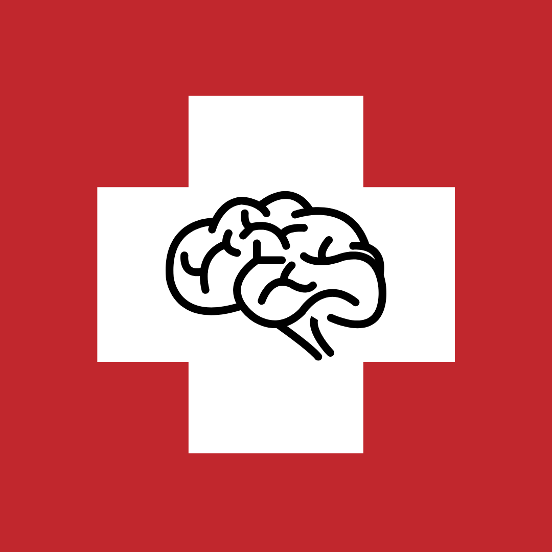 A brain is juxtaposed inside a white plus on a red background. Graphic by Jendayi Omowale.