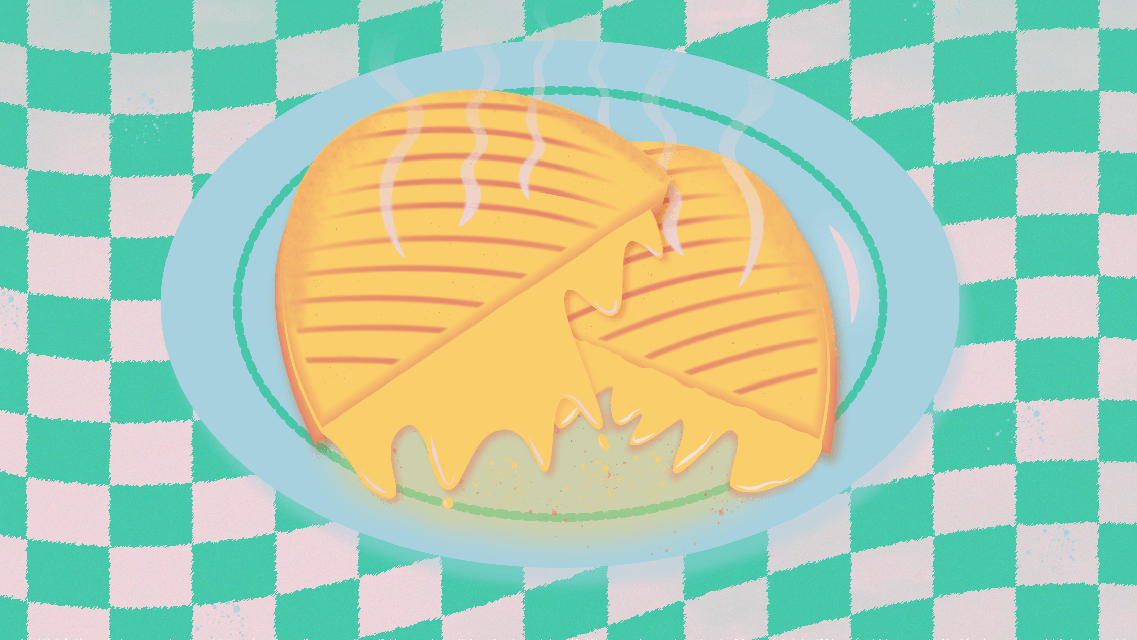 Illustration of a panini on a blue plate.