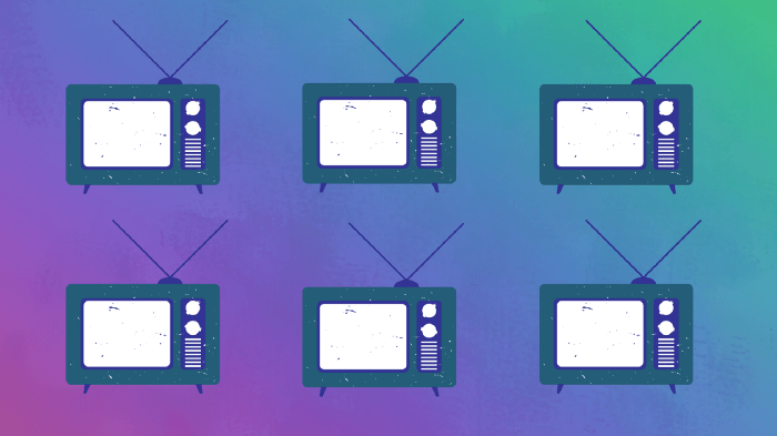 Two rows of three TVs against a purple and blue gradient background.