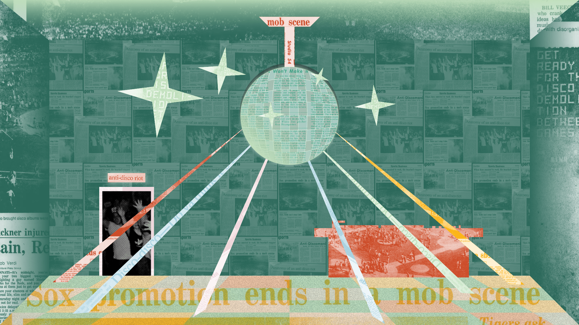Graphic of a disco club composed of newspaper clippings about Disco Demolition Night