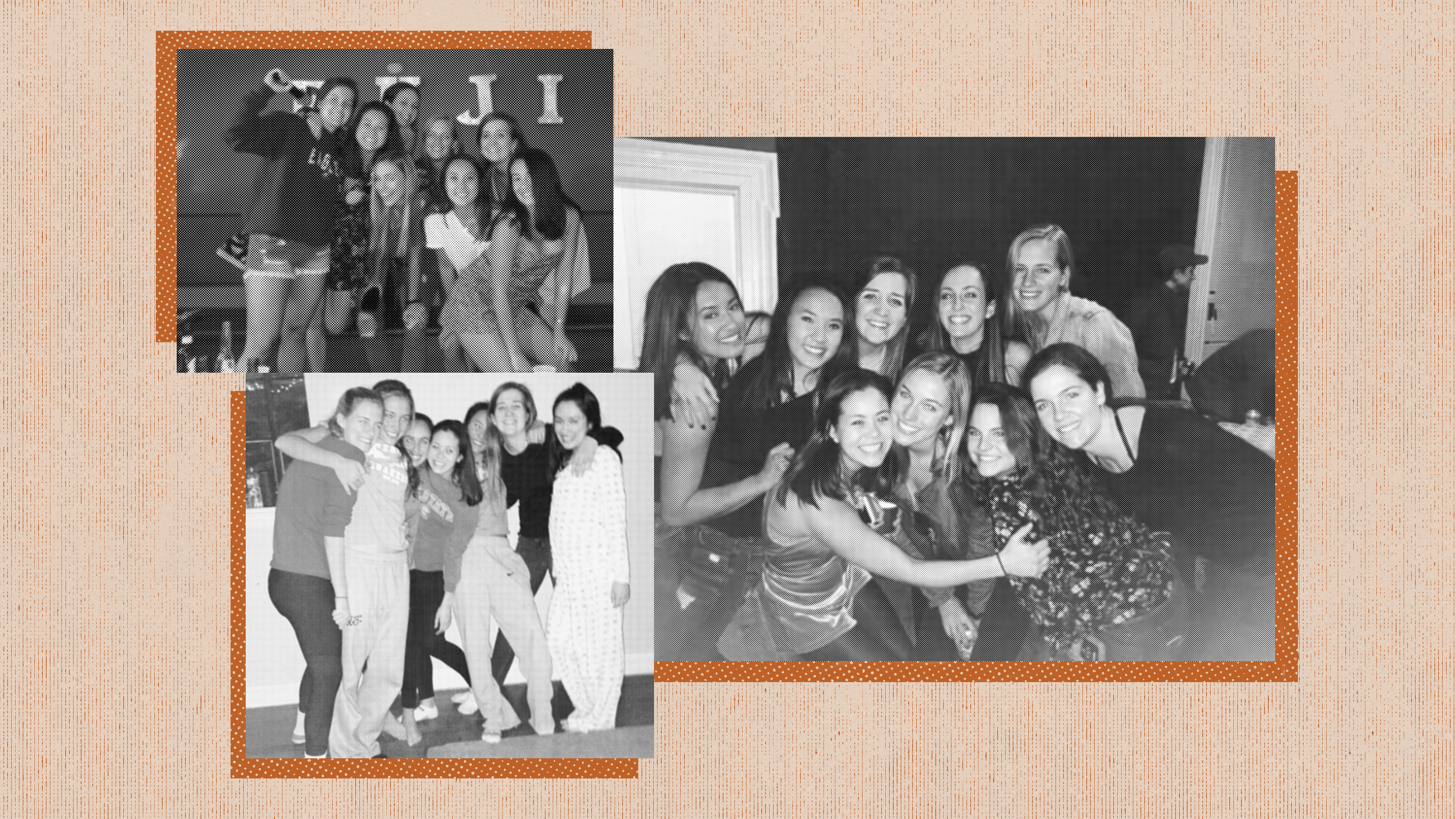 Three black and white photos of the author and her high school friends against an orange background.