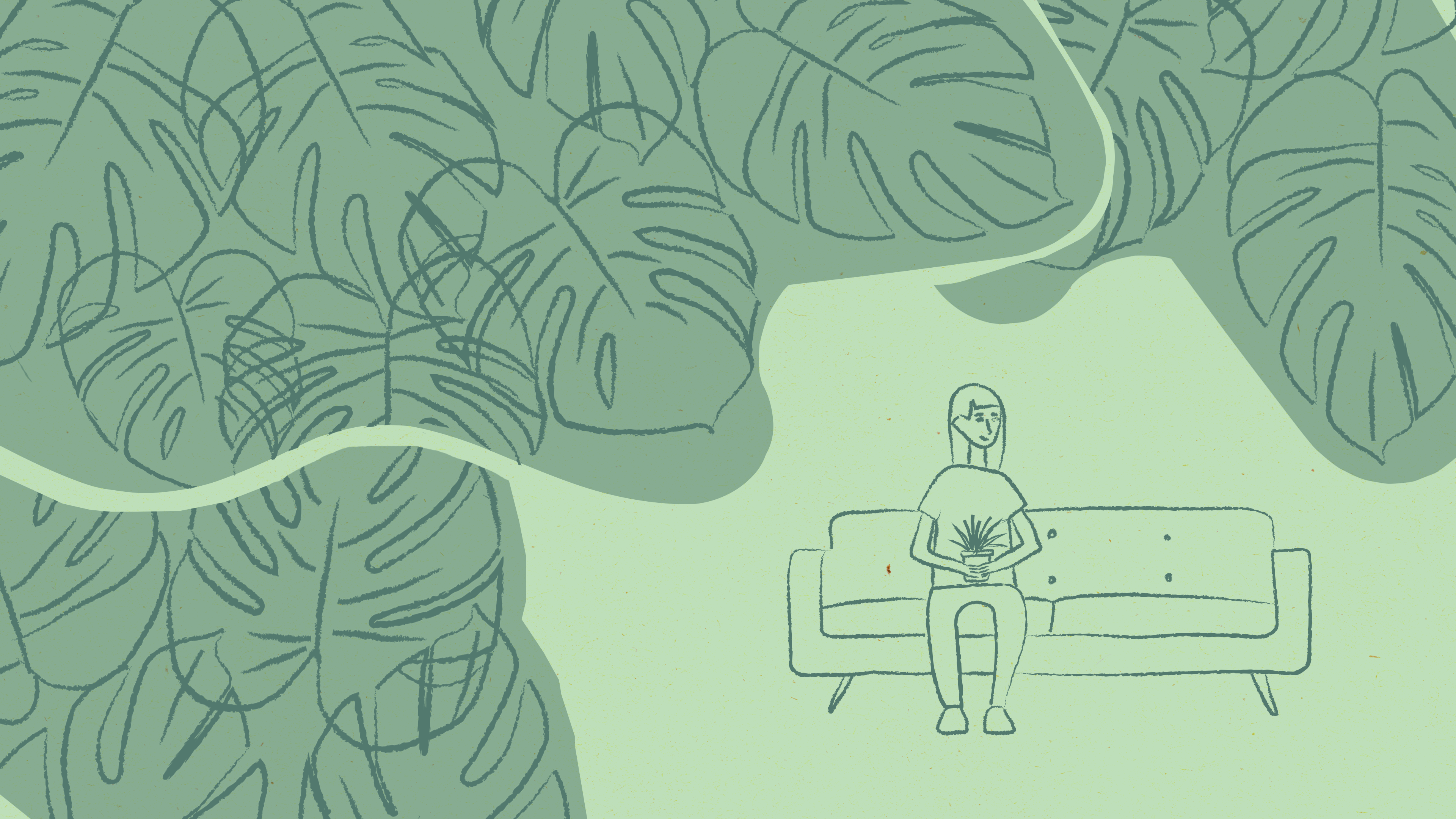 Illustration of a person clutching a small plant on a couch. Surrounding her are massive, leafy greens.