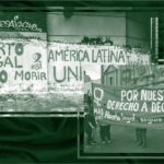 Two photos of abortion rights activists in Latin America holding aloft protest banners that read "America Latina Unidos", "Aborto Legal" and "Por nuestro derecho a decidir".
