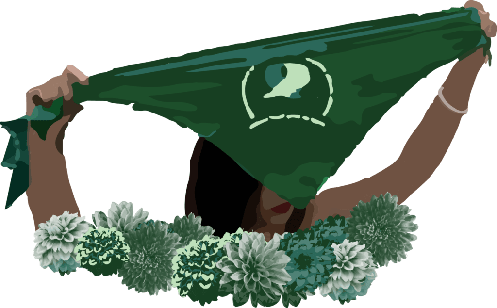 Digital illustration of a woman holding a "Green Wave" bandana above her head.