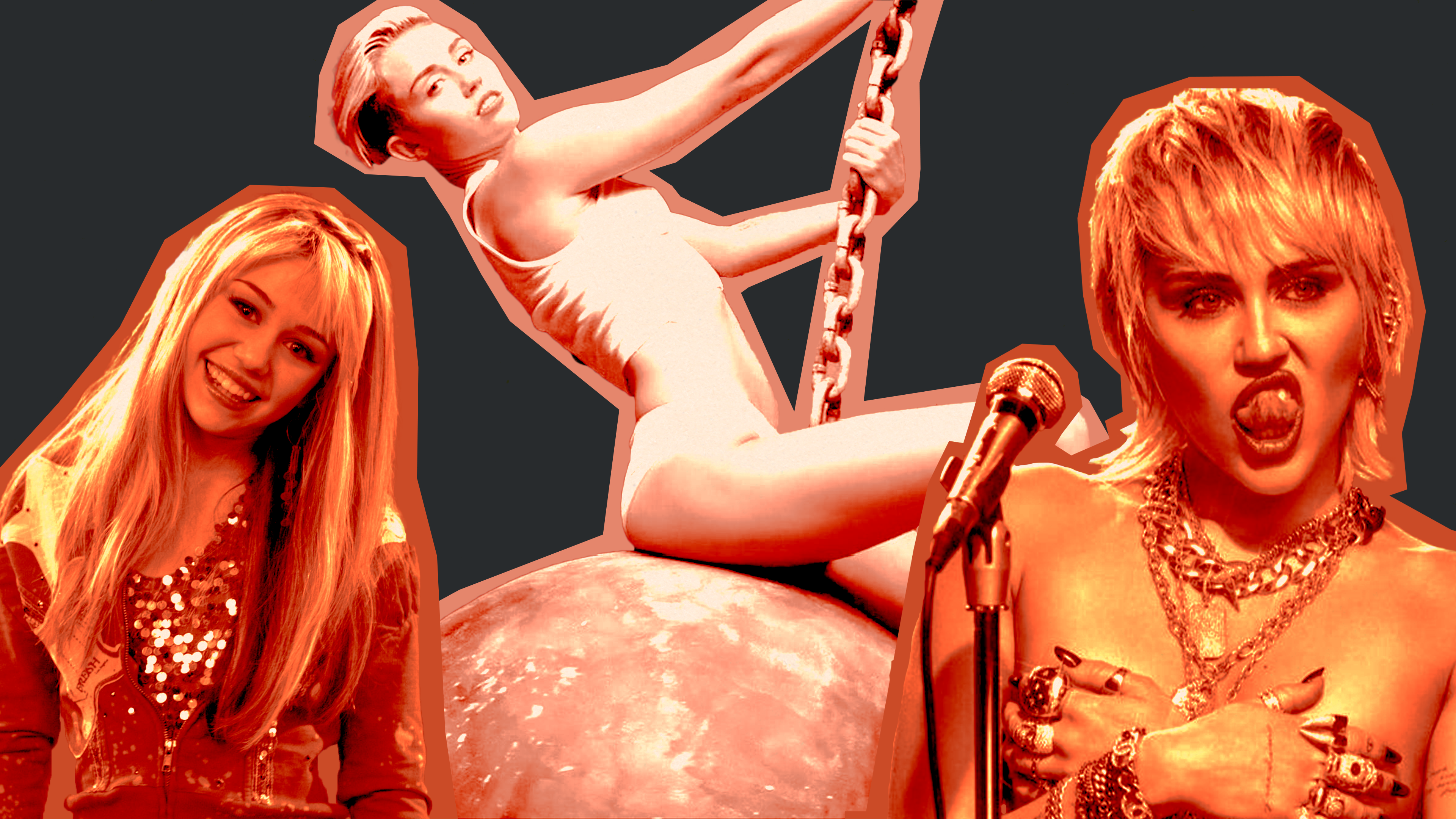 Three versions of Miley Cyrus, as a teen idol, astride a wrecking ball, and sticking her tongue out, overlap in paper cut-outs.