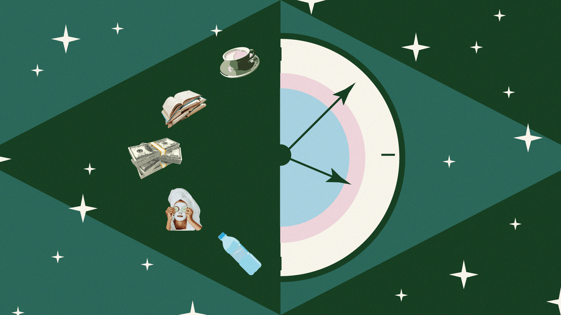 This illustration shows common objects associated with self-care (like spa days, tea, and books) juxtaposed with an analog clock.